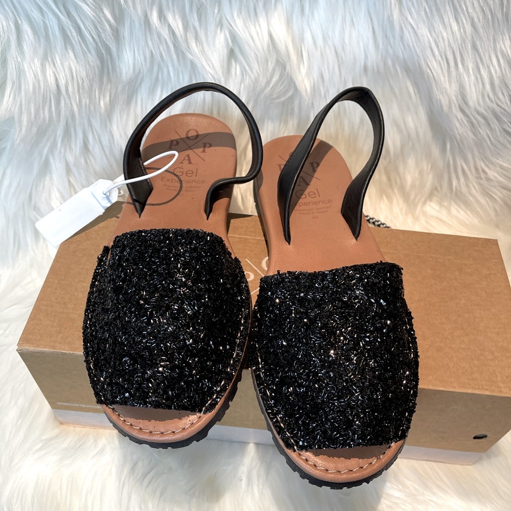 Menorquinas glitter peep toe leather black sandal